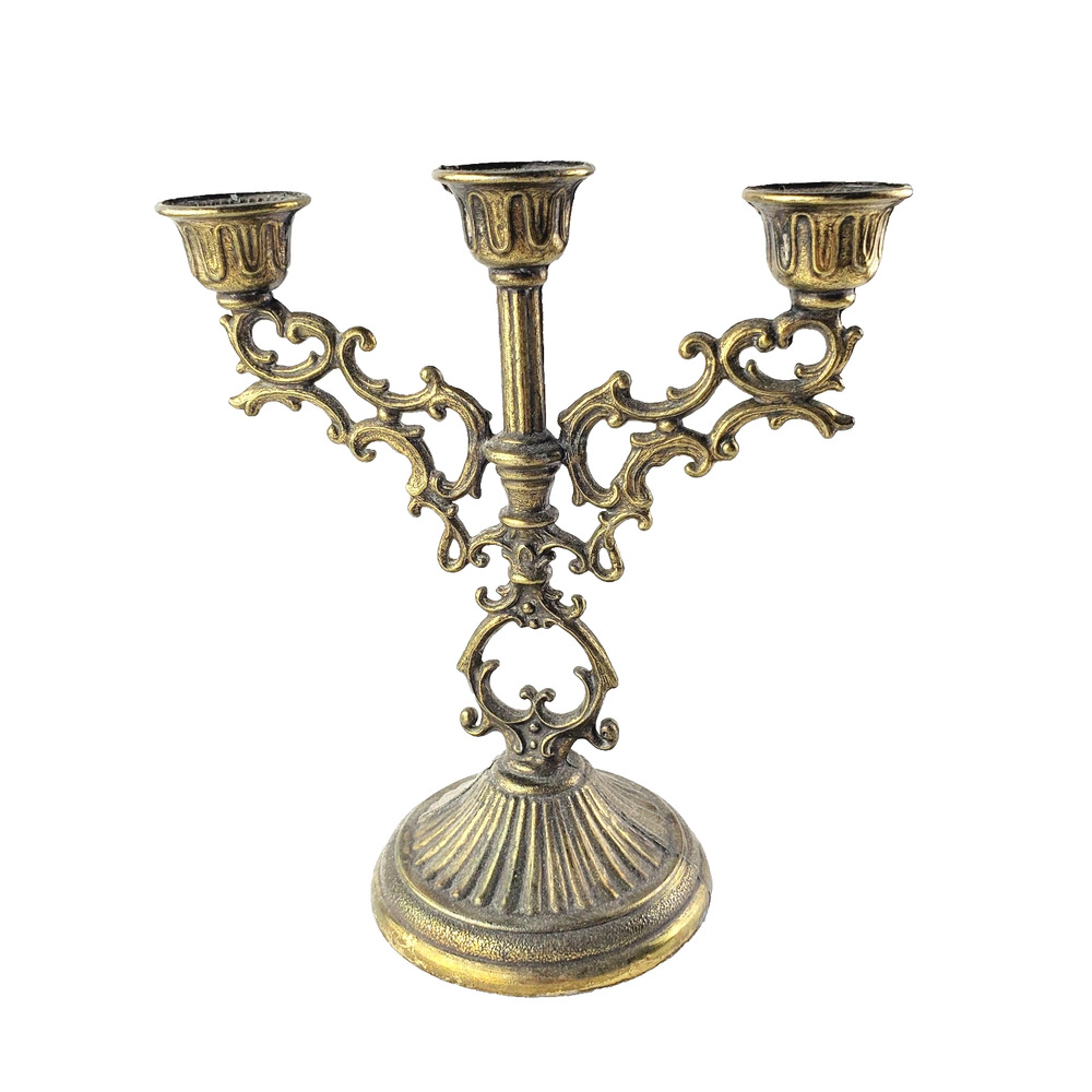 Vintage Italian Ornate Brass Small 5" Branch Mini Candelabra Candle Holder Stick
